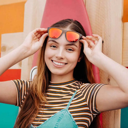 Women wearing Frosted Grey / Red Sunset Classics Sunglasses