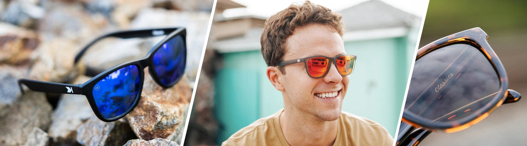 Classics Sunglases. Lifestyle photo of Black / Moonshine Classics and Glossy Tortoise Shell / Amber Classics Sunglasses, Men wearing Frosted Grey / Red Sunset Classics Sunglasses