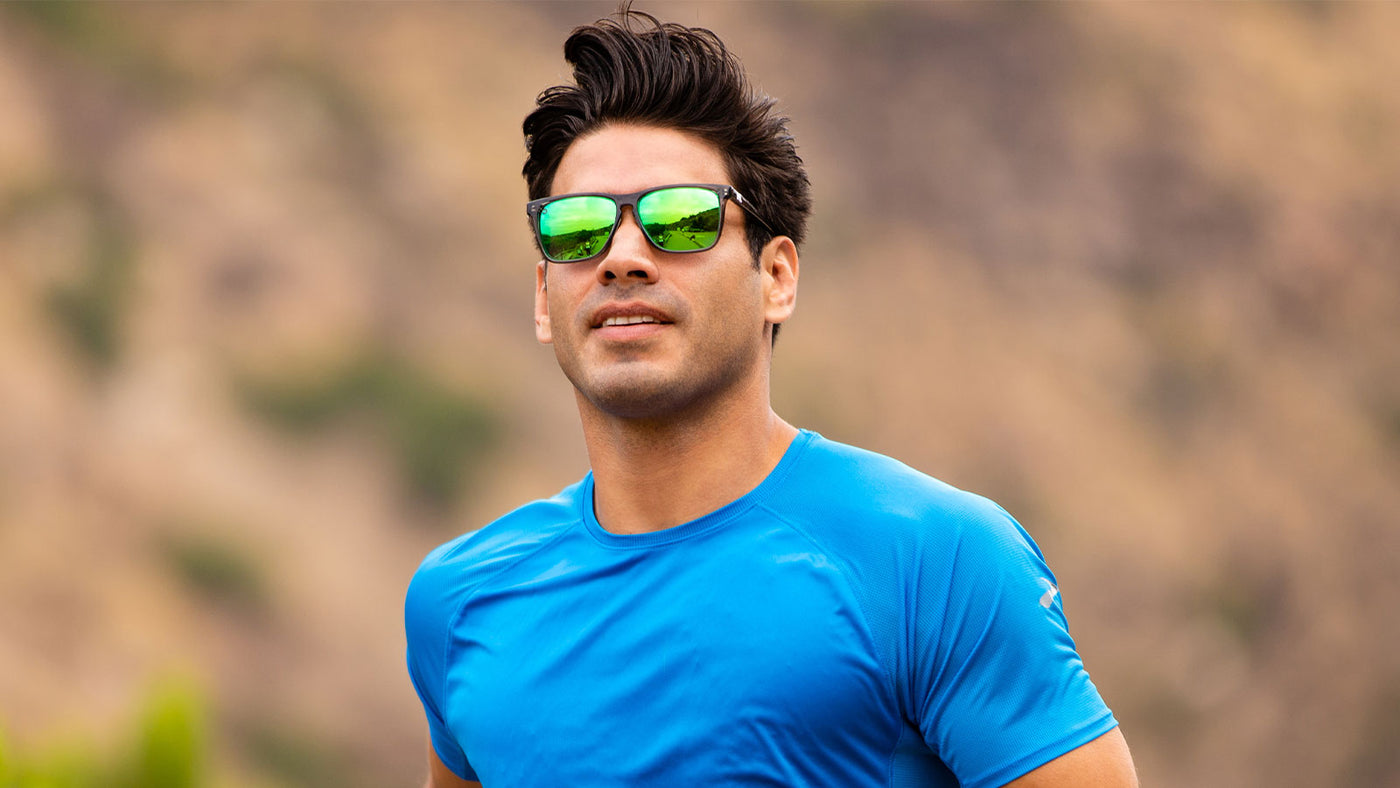 Sport Sunglasses with Clear Grey Frame and Polarized Green Moonshine Lenses
