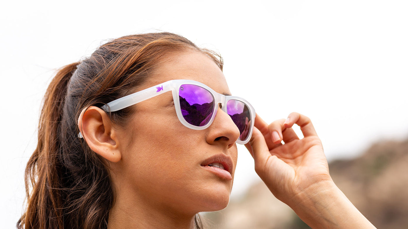 Woman wearing Clear Jelly / Purple Premiums Sport Sunglasses