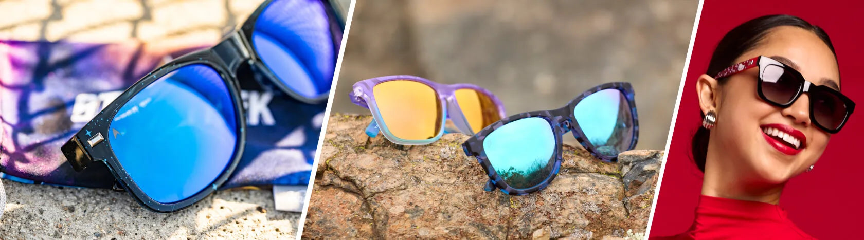 Co-creation Sunglasses. Lifestyle photo of Star Trek Fort Knocks, Grateful Dead Trippy Bears Fast Lanes, and Grateful Dead Bolt Bears Premiums Sunglasses, Women wearing Hello Kitty Songbirds Sunglasses
