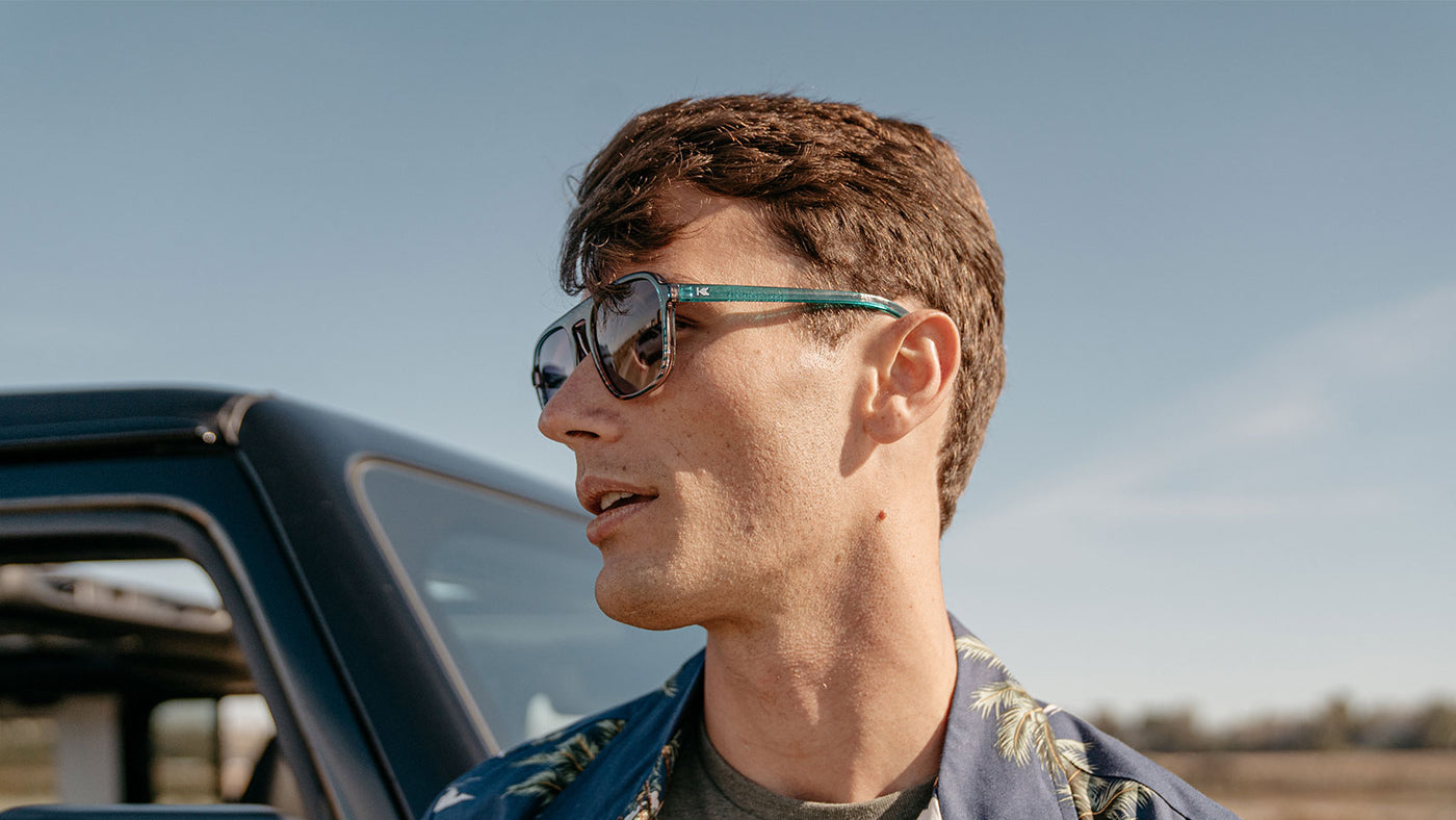 Sunglasses with Turquoise and Coral Frame and Polarized Smoke Gradient Lenses, Model