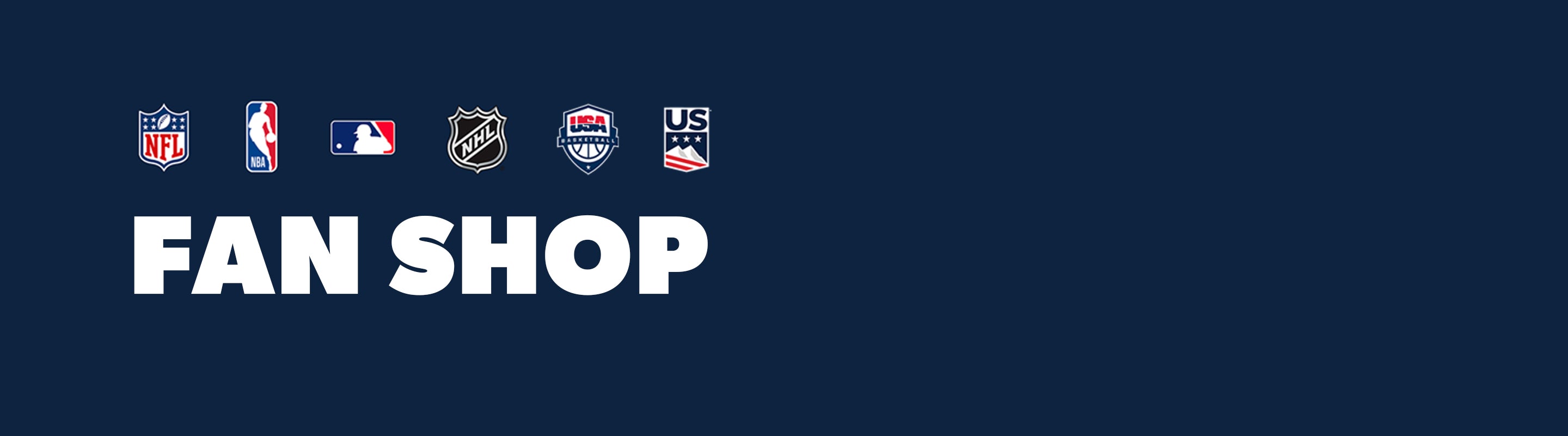 Fan Shop logo with various sports league logos on a dark blue background