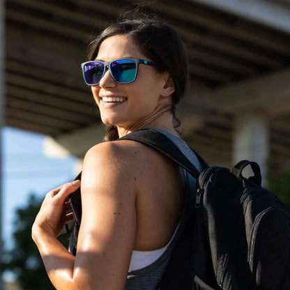 Women wearing Rubberized Navy / Mint Fast Lanes Sport Sunglasses
