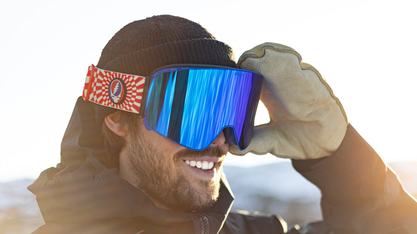 Man Wearing Knockaround Grateful Dead Steal Your Face Snow Goggles