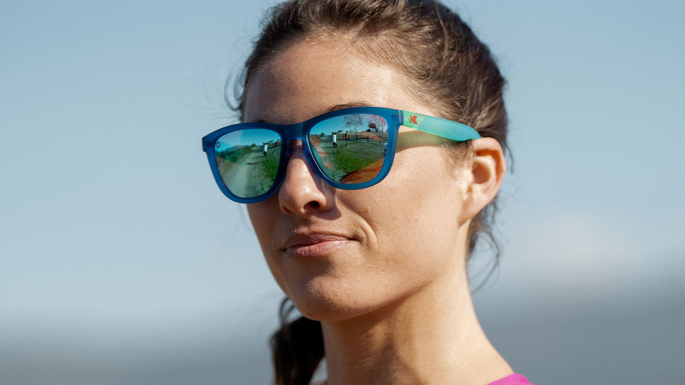 Sport Sunglasses with Blue Fronts and Mine Green Arms and Polarized Aqua Lenses, Model