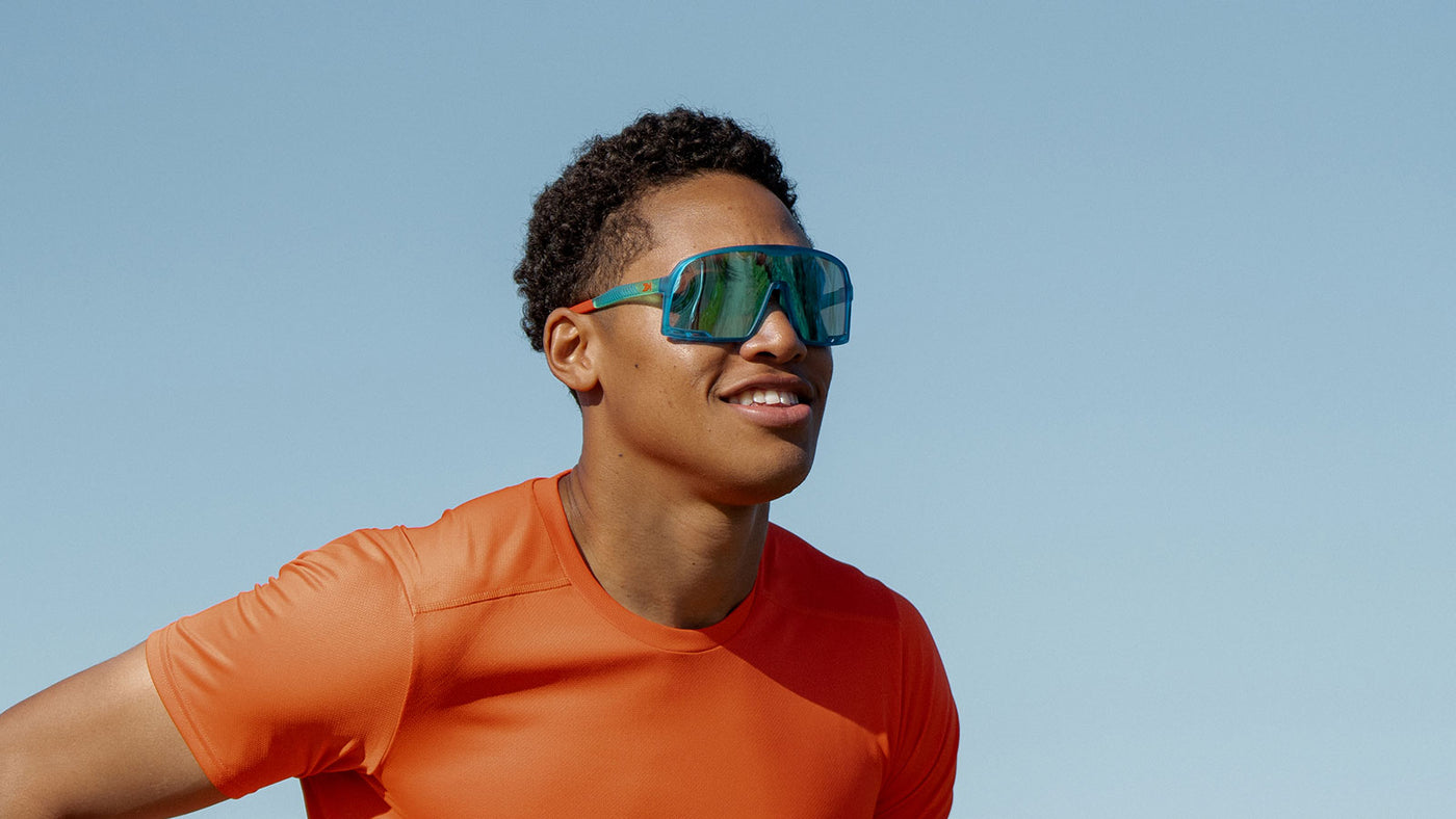 Sport Sunglasses with Blue Rubberized Frames and Polarized Aqua Lenses, Model