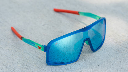 Sport Sunglasses with Blue Rubberized Frames and Polarized Aqua Lenses, Lifestyle