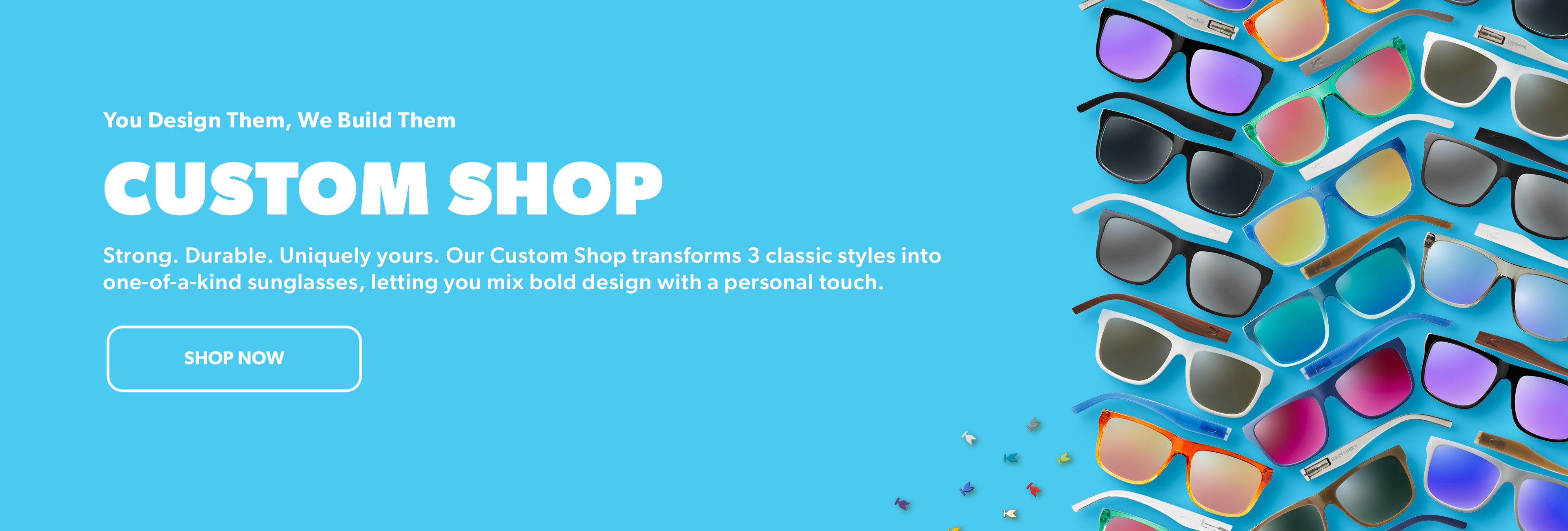 Promotional banner for a custom sunglasses shop with colorful sunglasses on a blue background.
