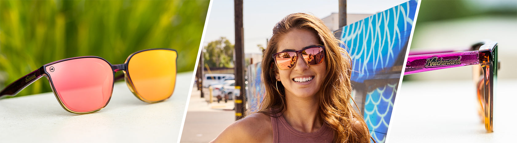 Hot Take Cloud Catchers, woman wearing Hot Take Premiums, detail Knockaround logo on Hot Take sunglasses