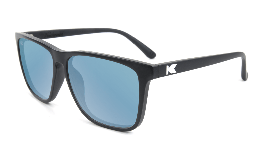 Matte black sunglasses with square blue lenses