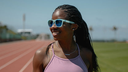 Sunglasses with Icy Blue Frames and Polarized Blue Lenses, Model