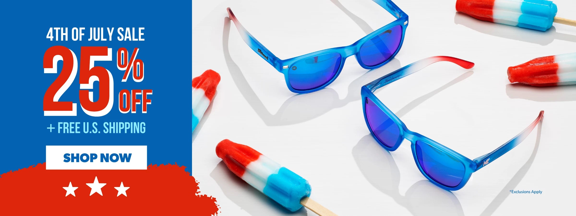 4th of July Sale 25% Off Sitewide + Free U.S. Shipping. SHOP NOW. Image features Rocket Pop sunglasses and popsicles. 