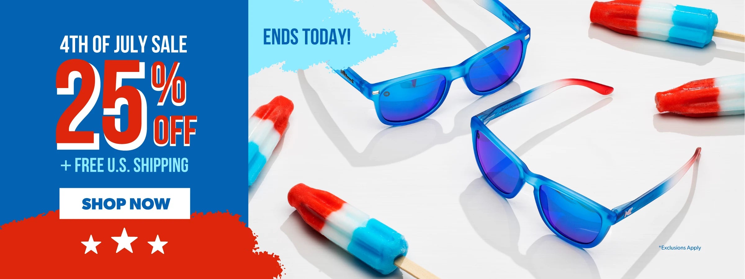 4th of July Sale 25% Off Sitewide + Free U.S. Shipping. SHOP NOW. Ends Today. Image features Rocket Pop sunglasses and popsicles. 