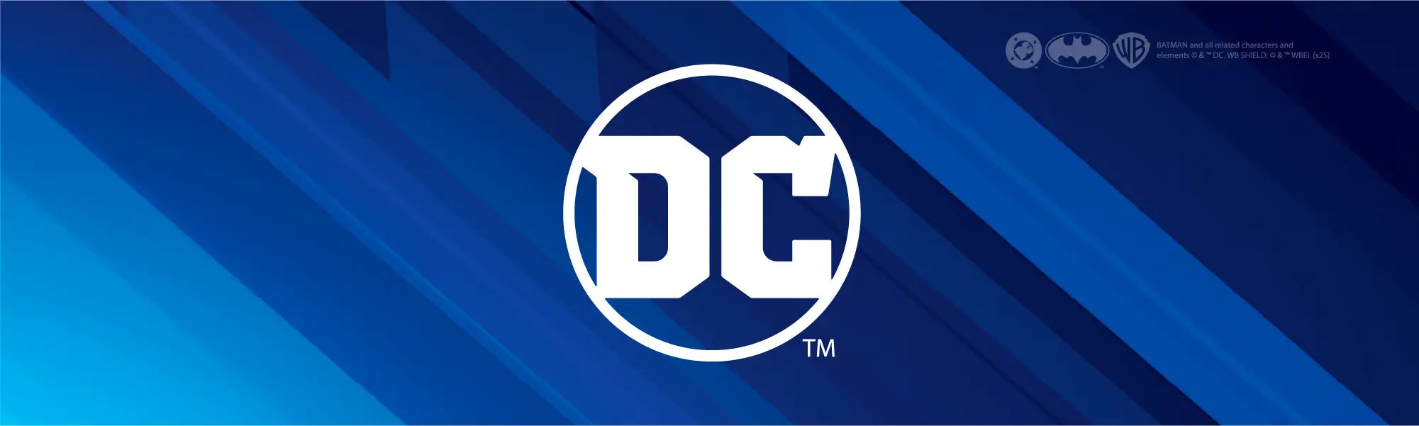 DC logo on a blue background with a slight gradient. DC logo, Batman logo Warner Bros logo. BATMAN and all related characters and elements © & ™ DC. WB SHIELD: 0 & ** WBEI. (525)
