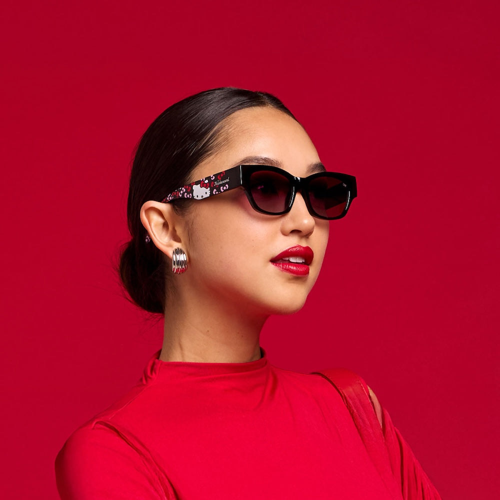 Trendy Rectangle Black & Red Hello Kitty Sunglasses with Black Lenses