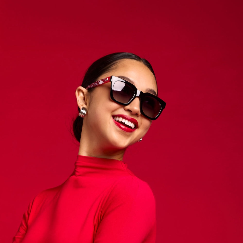 Trendy Rectangular Black & Pink Hello Kitty Sunglasses, Purple Lenses