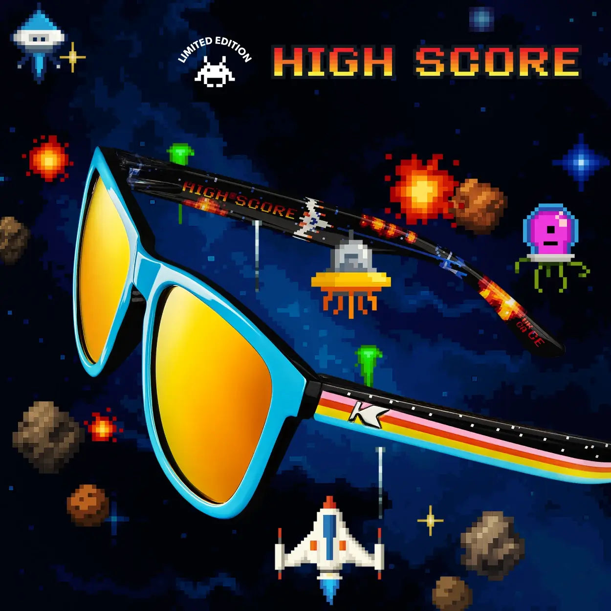 Polarized Sunglasses w/ Mirrored Orange Lenses and 8-Bit Arcade Design Polarized Sunglasses w/ Mirrored Orange Lenses and 8-Bit Arcade Design