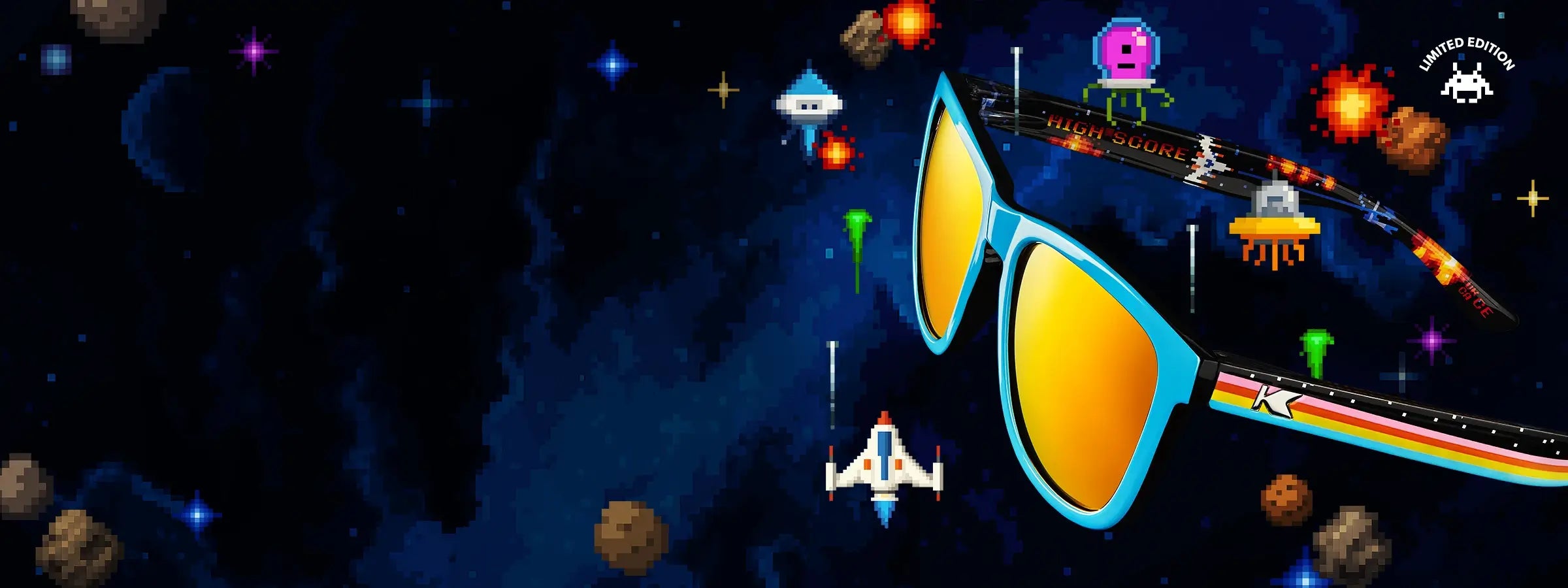 Limited Edition High Score Premiums Sunglasses with a space-themed background featuring planets, stars, and rockets.