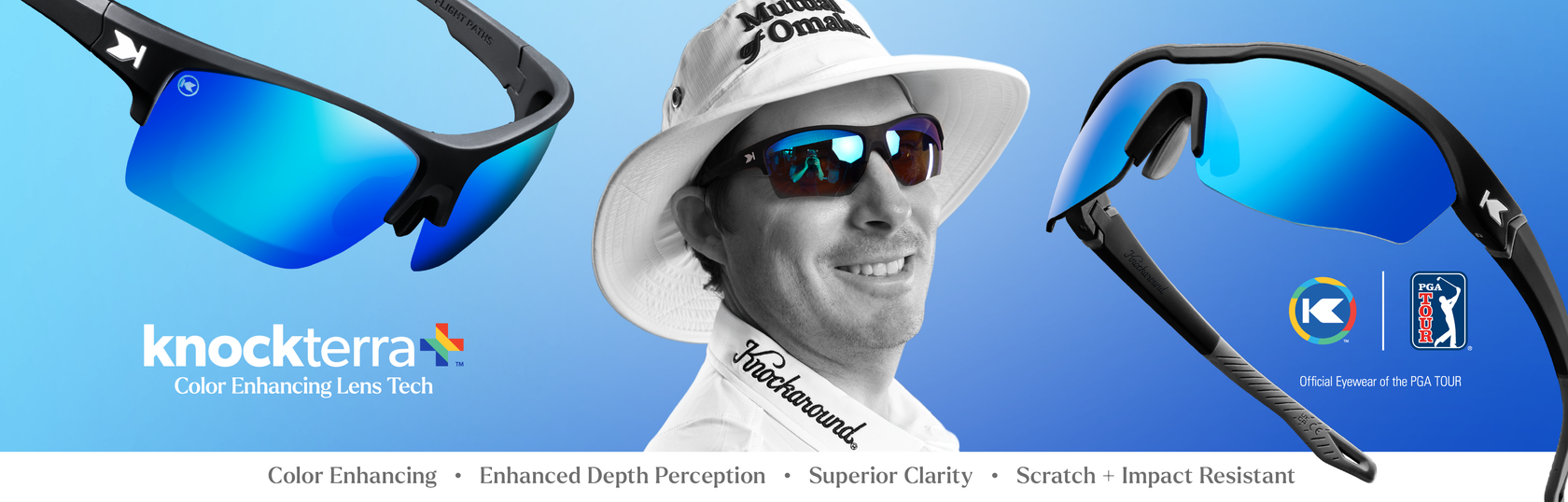 Knockterra+ Color Enhancing Lens Tech featuring Moonshot Flight Path sunglasses. Joel Dahmen wearing Moonshot Flight Path Sunglasses. Official Eyewear of the PGA TOUR. Color Enhancing, Enhanced Depth Perception, Superior Clarity, Scratch + Impact Resistant.