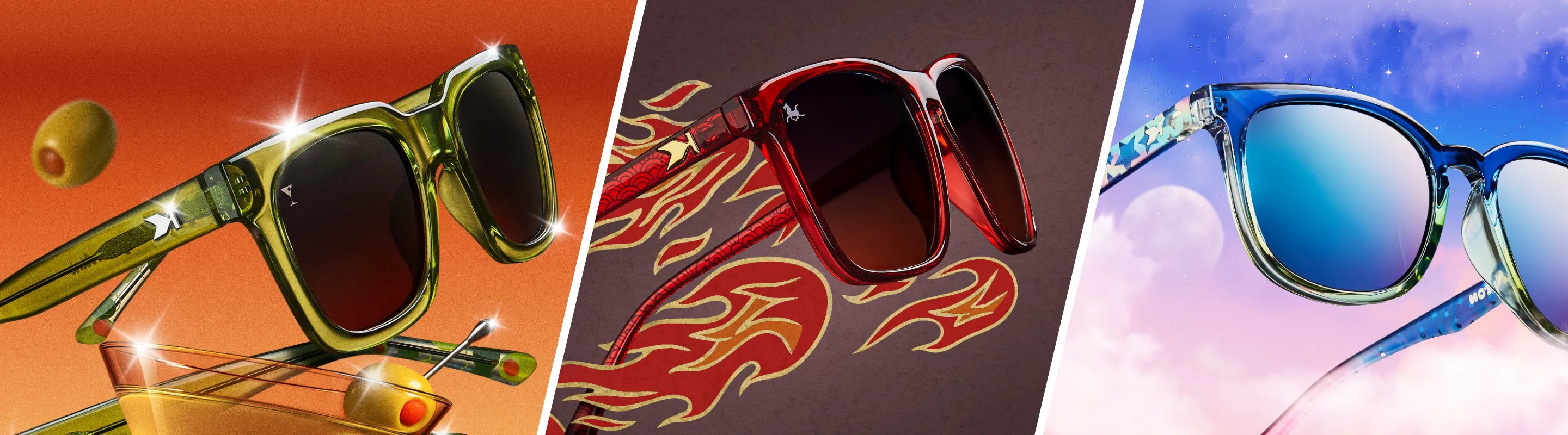 Three pairs of sunglasses with different designs and colors on a colorful background.