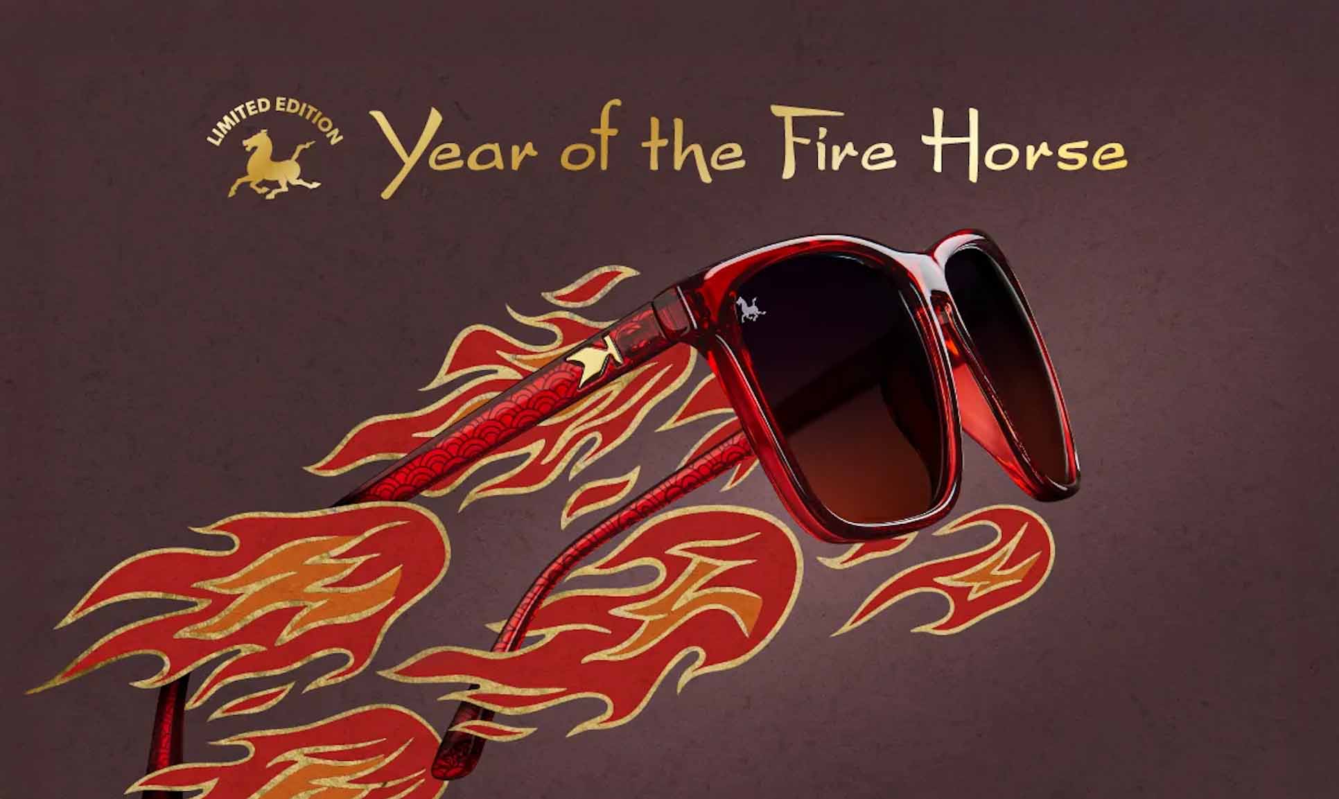 Sunglasses with flames and 'Year of the Fire Horse' text on a brown background