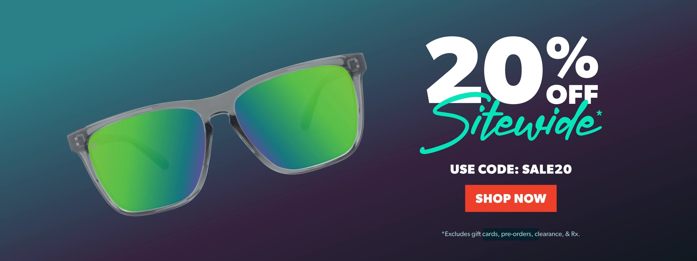 20% off sitewide. Use code: SALE20 at checkout. Shop Now. *Excludes gift cards, clearance, and Rx. Image featuring Clear Grey / Green Moonshine Fast Lanes Sport sunglasses