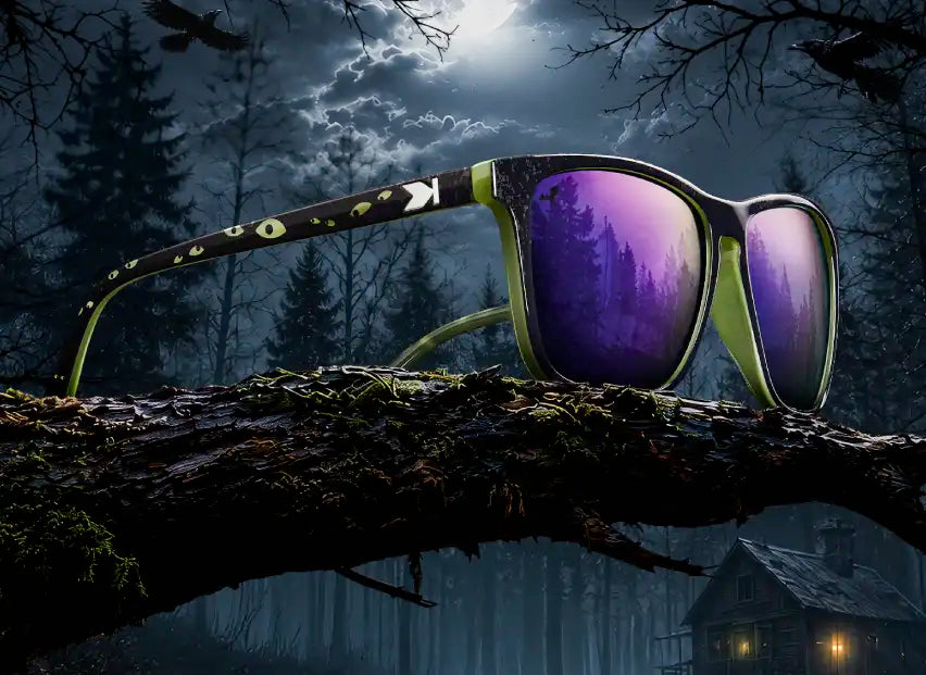 Knockturnal Limited Edition Fast Lanes sunglasses. Glow-in-the-dark sunglasses displayed on a dark branch in a spooky forest scene at night, with a raven perched nearby and the text 'GLOWS IN THE DARK!' in the upper left.