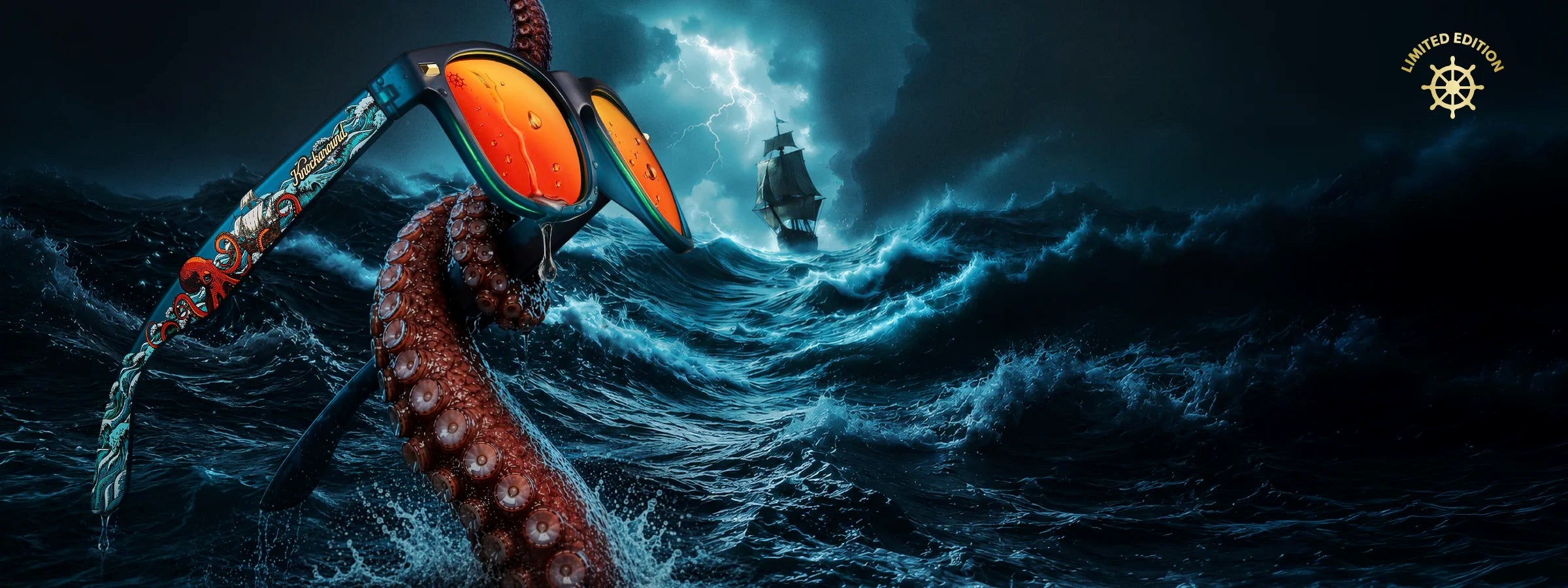 Lost at Sea Limited Edition Fort Knocks sunglasses. An octopus coming out of the ocean grabbing sunglasses 