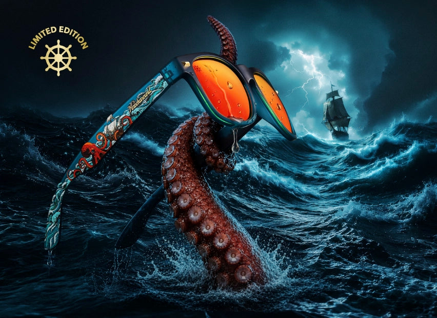Lost at Sea Limited Edition Fort Knocks sunglasses. An octopus coming out of the ocean grabbing sunglasses 