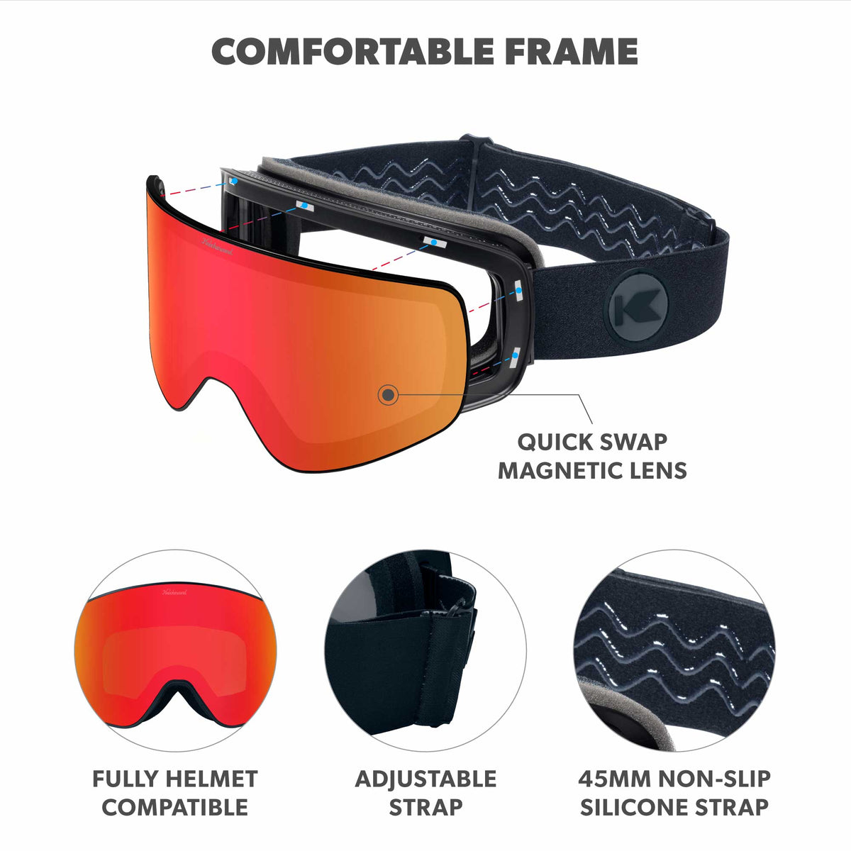 Comfortable frame. Fully helmet compatible. Adjustable Strap 45mm non-slip silicone strap. Photo features Black Heat / Red Monochrome Slingshot Sunglasses and details of the highlighted parts of the frame.