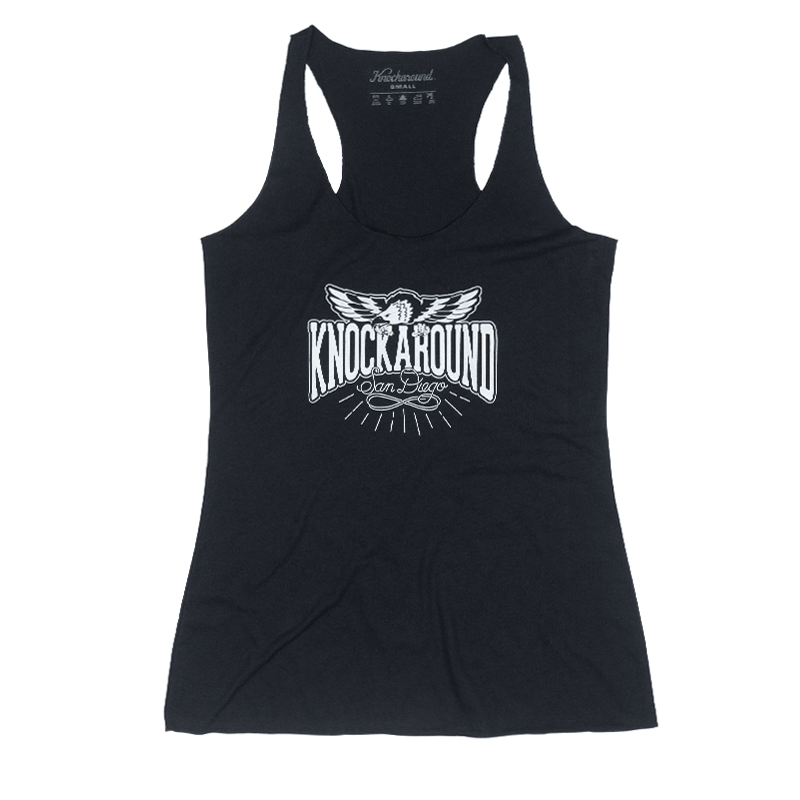Black tank top shirt with printed design on the front
