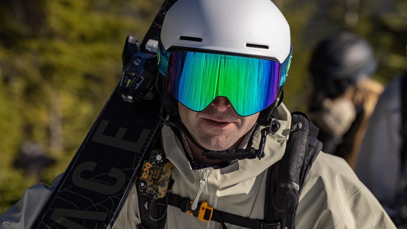 Men wearing Knockaround Snow Goggles, Green Machine