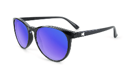 Glossy black tortoise sunglasses with round blue lenses