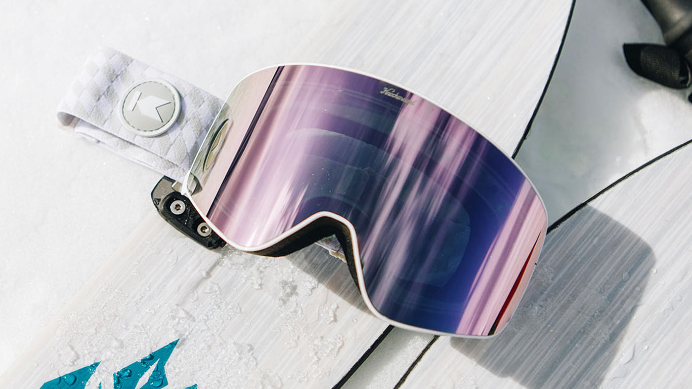 Knockaround Snow Goggles With Lilac Lens and White Strap, Lifestyle