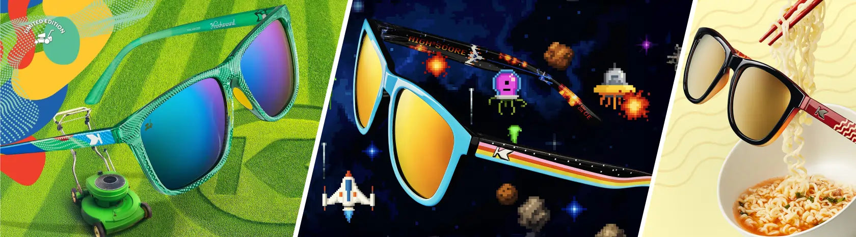 Limited Editions. Lifestyle photo of 20th Anniversary Fast Lanes Sport, High Score Premiums, and Knock Ramen Premiums Sunglasses