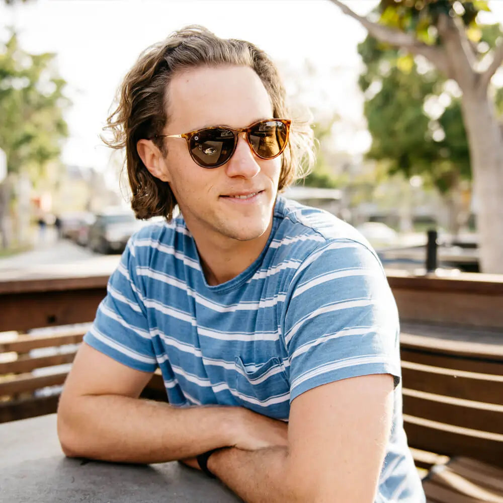 Male wearing Glossy Blonde Tortoise Shell Amber Mary Janes sunglasses