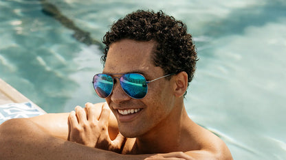 Sunglasses with Blue Metal Frames and Polarized Green Lenses, Model