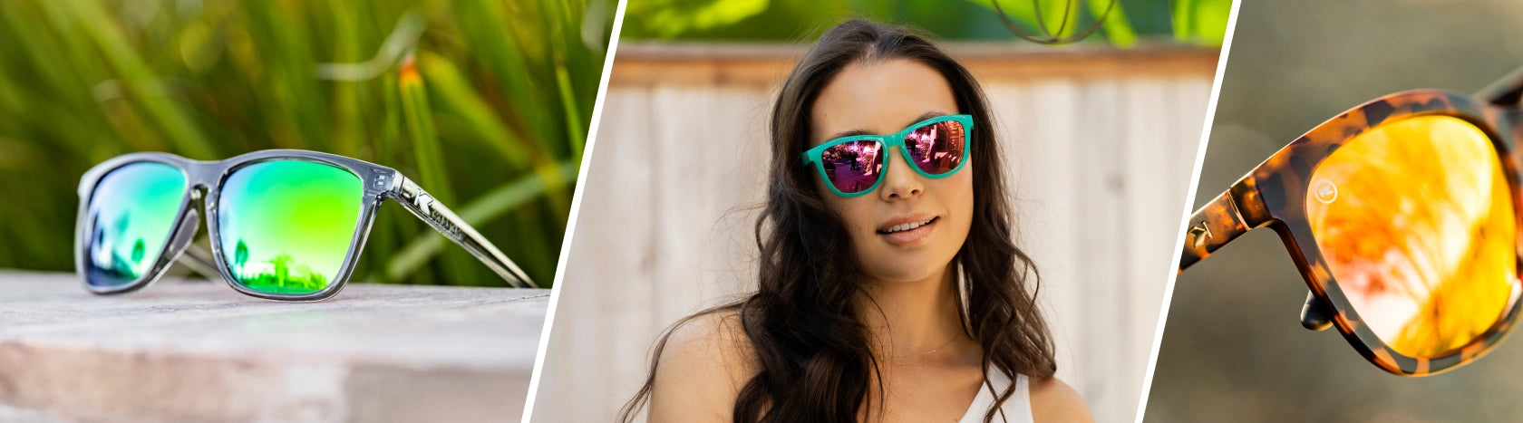 Mirror Sunglasses. Lifestyle photo of Clear Grey / Green Moonshine Fast Lanes Sport and Matte Tortoise Shell / Rose Gold Deja Views Sunglasses, Women wearing Aquamarine / Fuchsia Premiums Sport Sunglasses