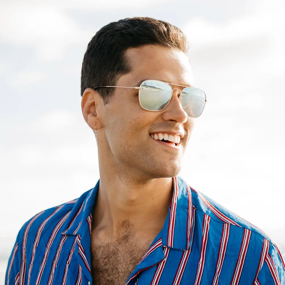 Men wearing Gold / Sky Blue Mount Evans Sunglasses
