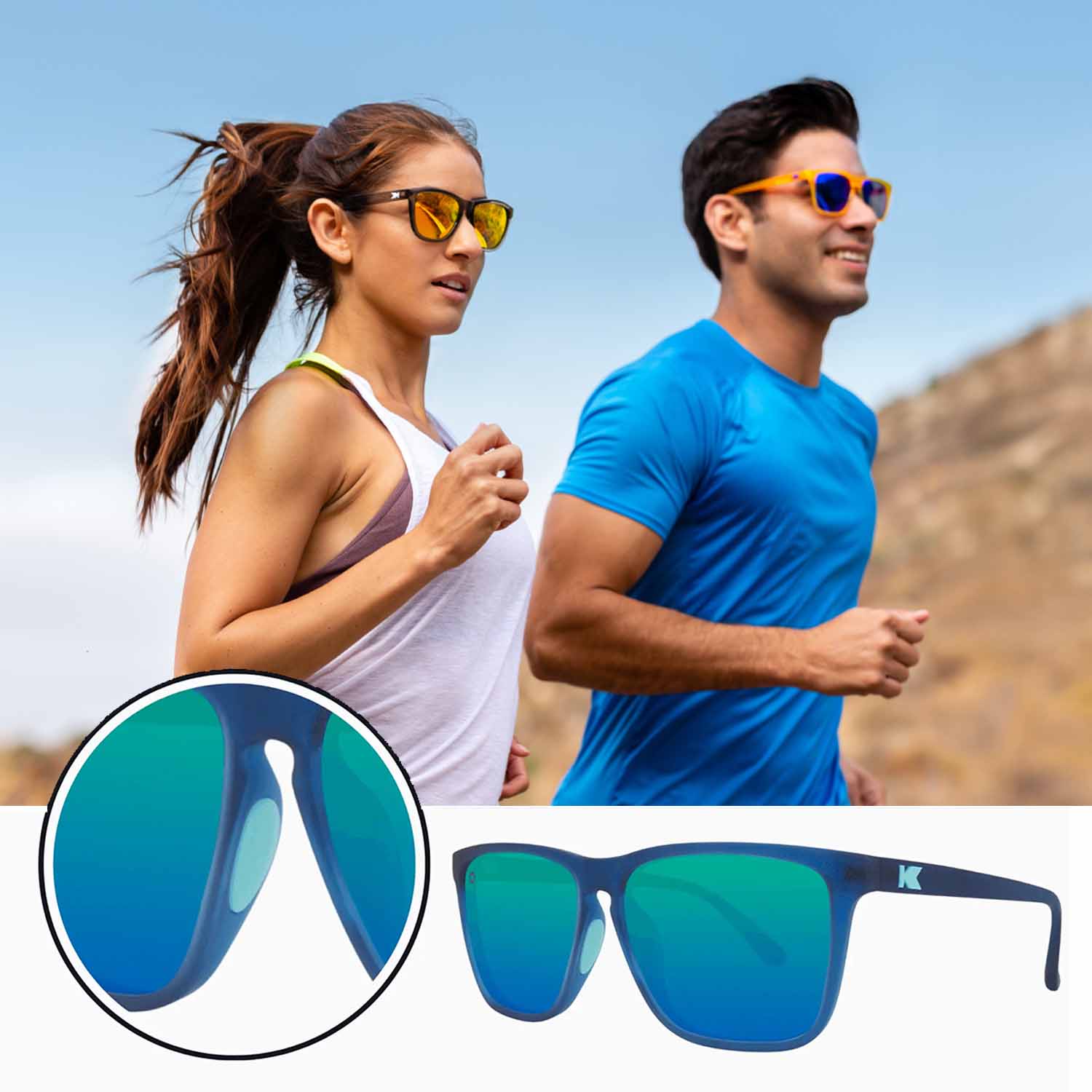 Man and woman running with Knockaround sunglasses. Close up image of rubber nose pads