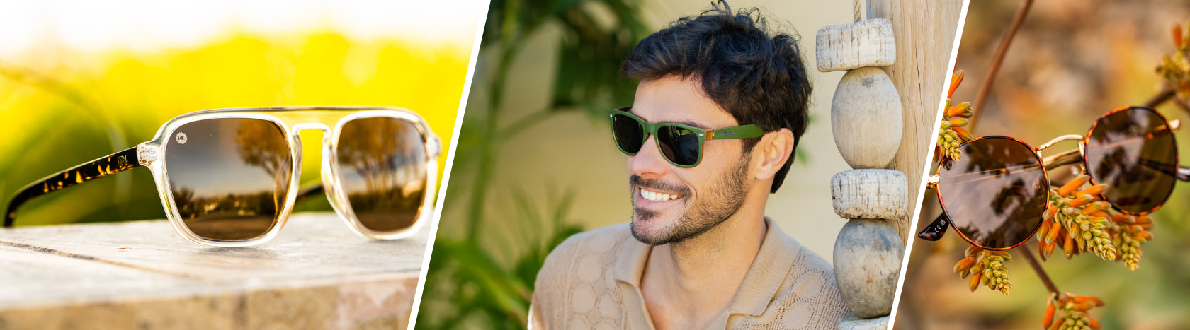 Neutral Sunglasses. Lifestyle photo of On the Rock Pacific Palisades and Alibi Love & Haights Sunglasses, Men wearing Coyote Calls Fort Knocks Sunglasses