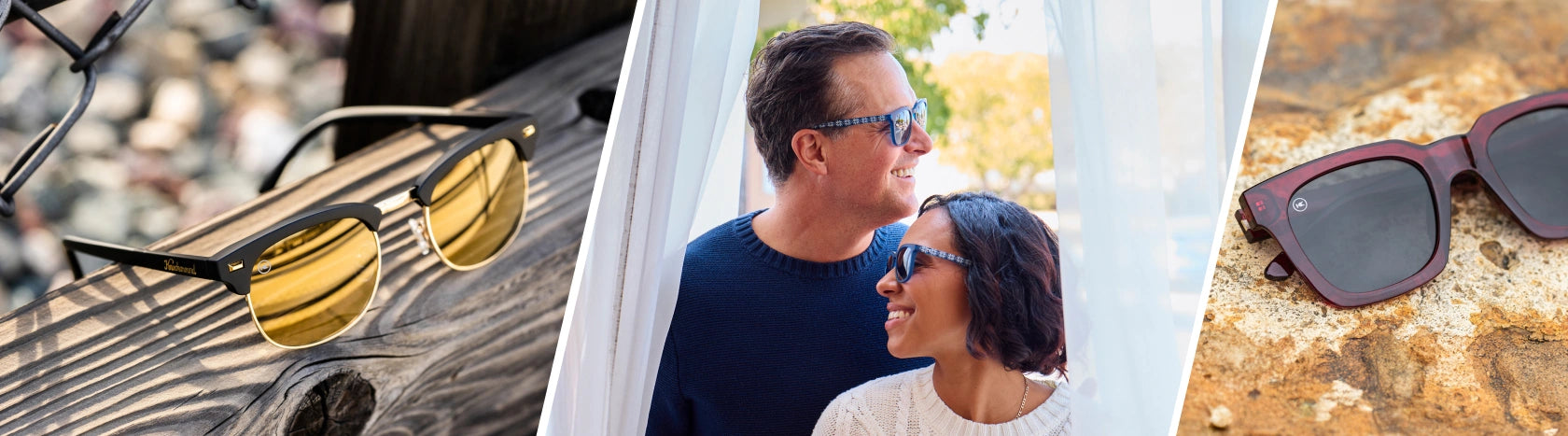 New Arrivals. Lifestyle photo of Black Gold Brooklines Sunglasses, Men and Women wearing Fair Isle Paso Robles Sunglasses