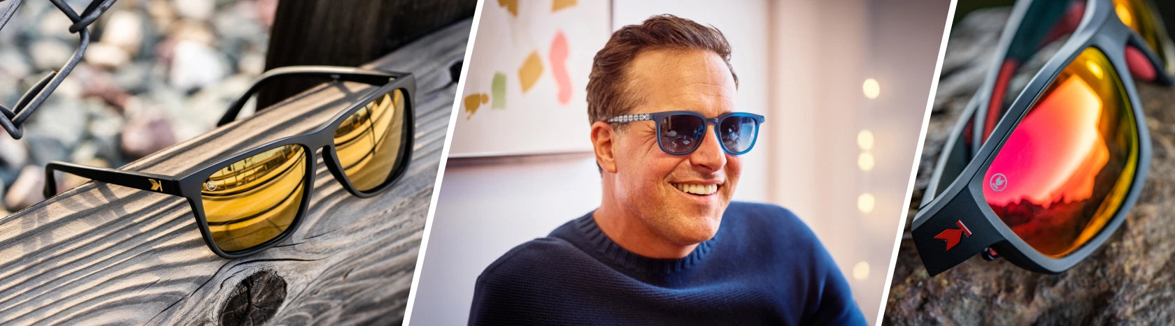 New Arrival Sunglasses for Men. Lifestyle photo of Black Gold Fast Lanes and Inferno High Stakes Sunglasses, Men wearing Fair Isle Paso Robles Sunglasses