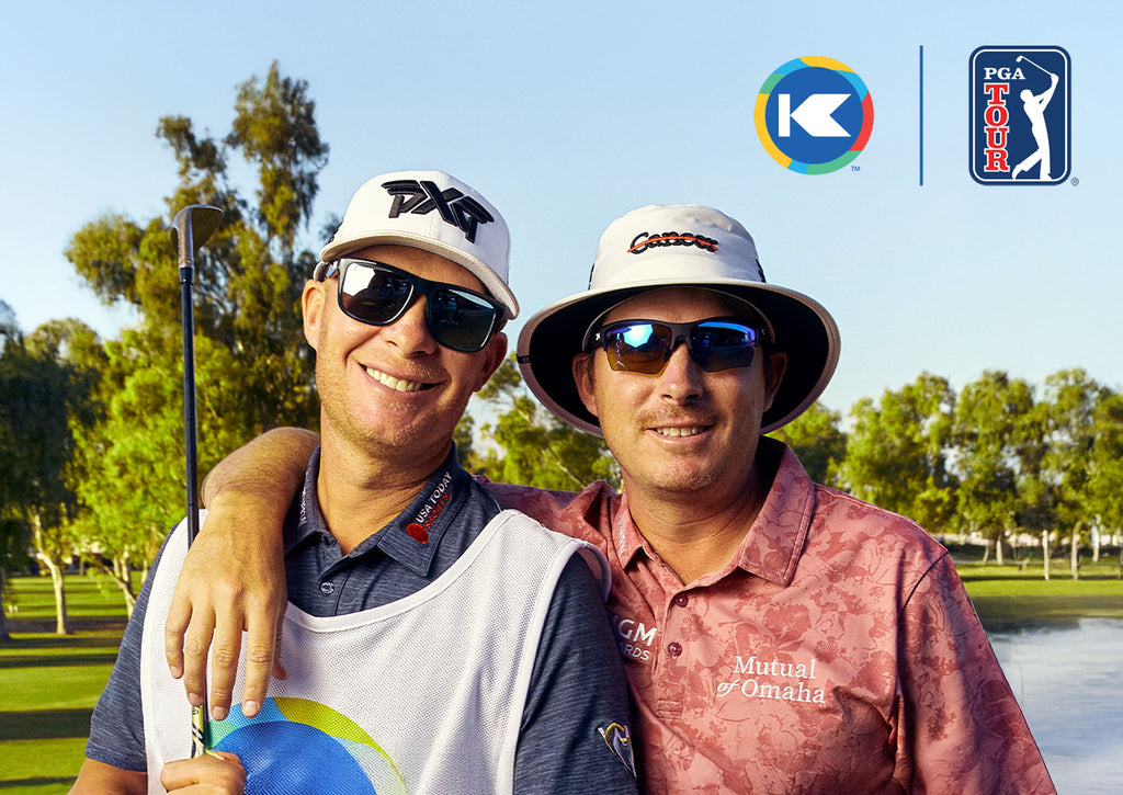 Joel Dahmen and caddie Geno Bonnalie, Knockaround PGA Golfers. Knockaround logo. PGA TOUR logo. Official Eyewear of the PGA TOUR