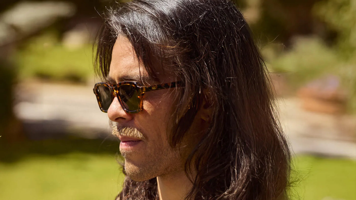 Male wearing Au Revoir Panoramas Sunglasses
