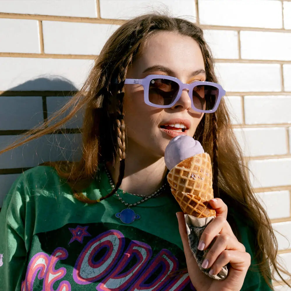 Woman wearing Hey Ube Panoramas sunglasses