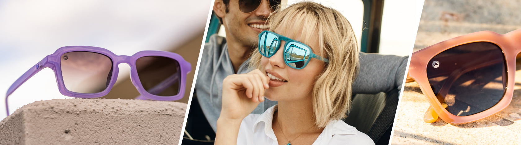 Pastel Sunglasses. Lifestyle photo of Hey Ube Panoramas and Vintage Rose Songbirds Sunglasses, Women wearing Soul Surfer Pacific Palisades