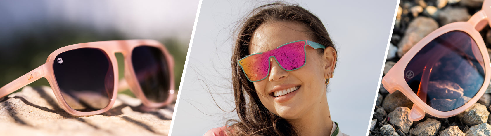 Pink Polarized Sunglasses. Lifestyle photo of Vintage Rose Pacific Palisades and Mai Tais Sunglasses, Women wearing Miami Afters Sunglasses