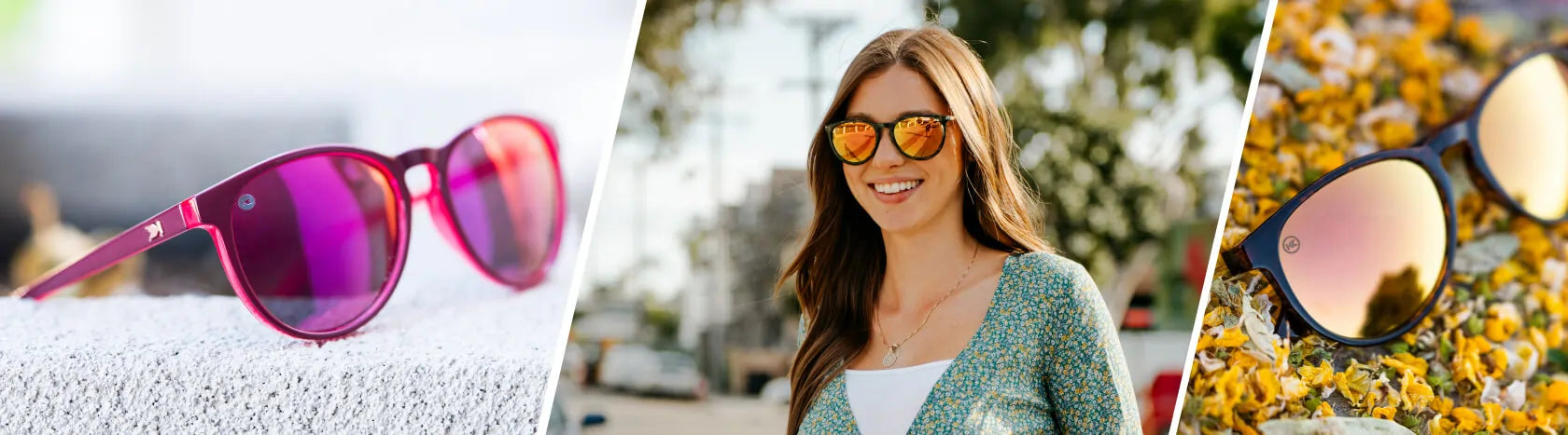 Pink Round Sunglasses. Watermelon Geode Mai Tais and Pink Ink Mai Tais Sunglasses, Women wearing Slate Tortoise Shell / Rose Gold Mary Janes Sunglasses